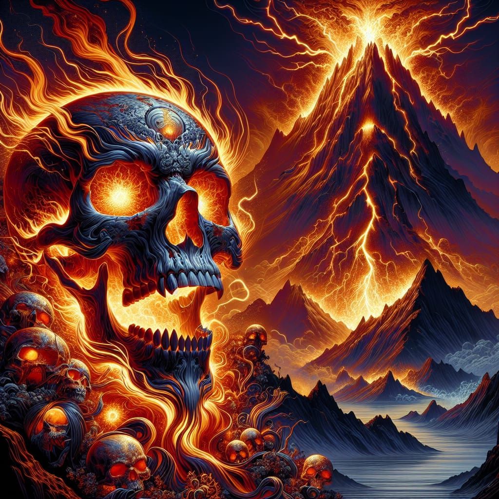 Flaming Skull in Ukiyo-e Style with Electric Mountain