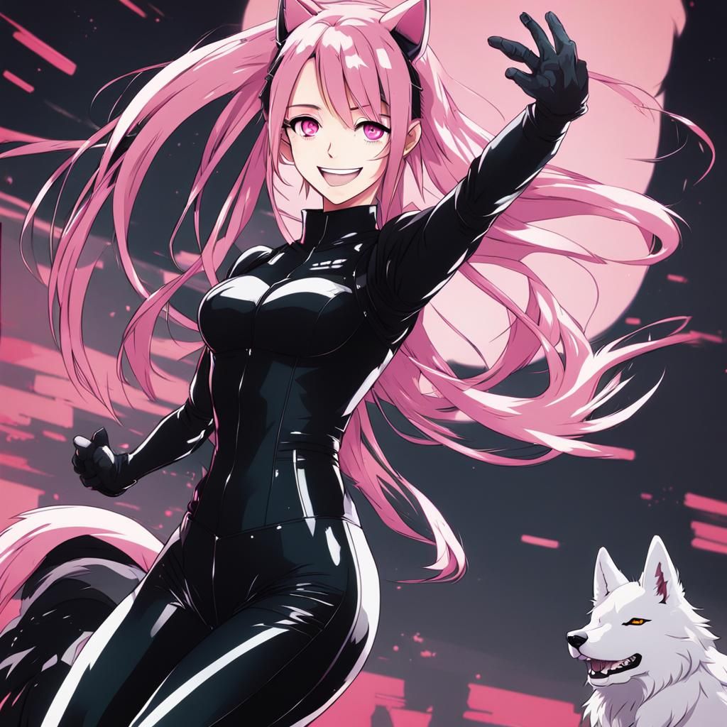 Anime girl with pink hair wearing black catsuit with bright ...