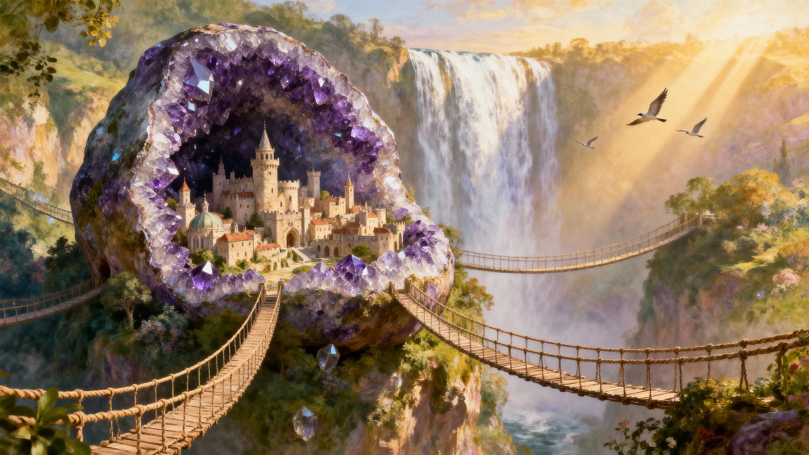 Crystal Geode City with Waterfalls and Rope Bridges
