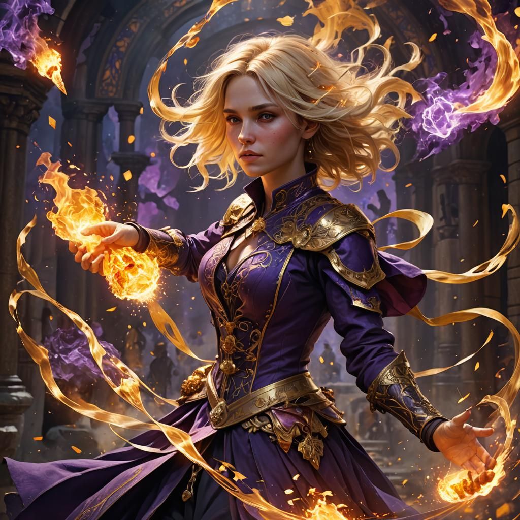 Blonde Magician Conjures Fireball: Dark Fantasy Art