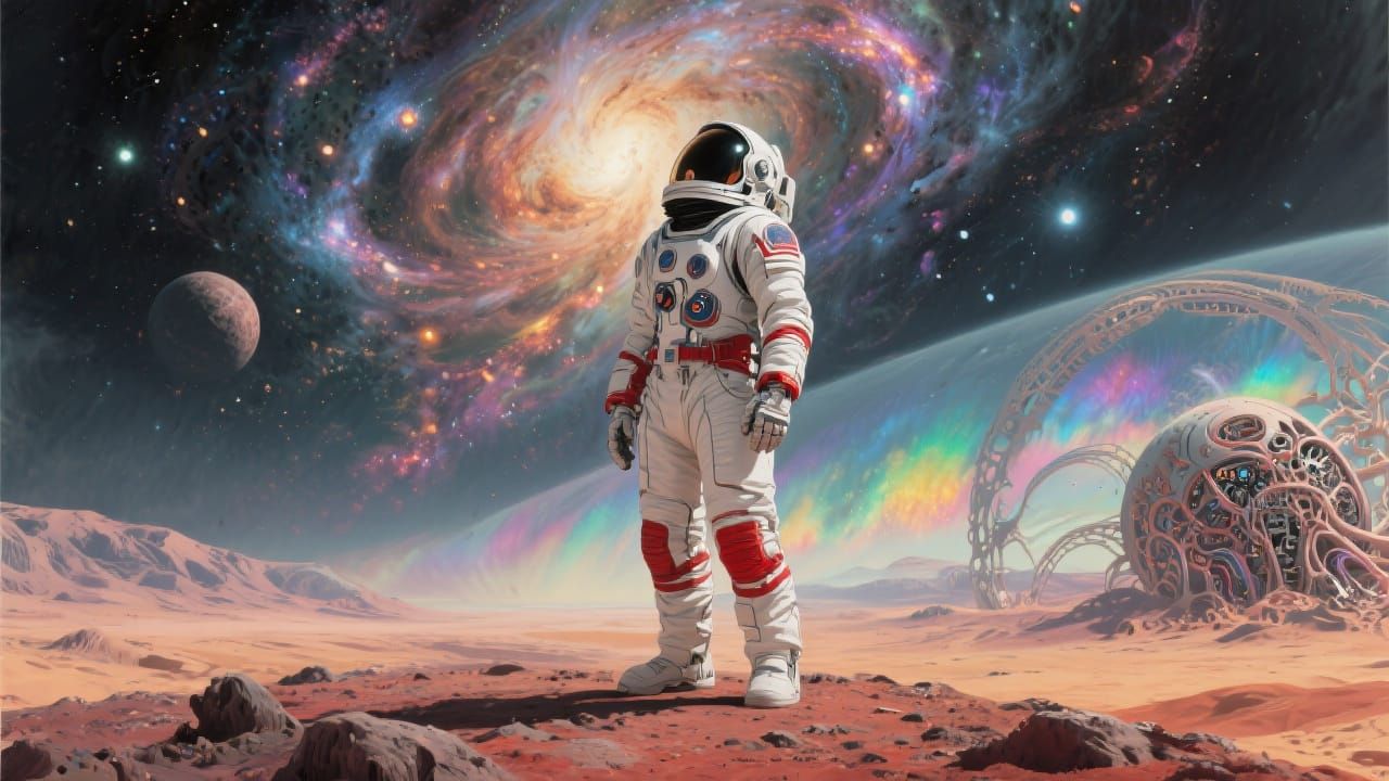 Astronaut on Alien Planet in Cosmic Surrealism Style