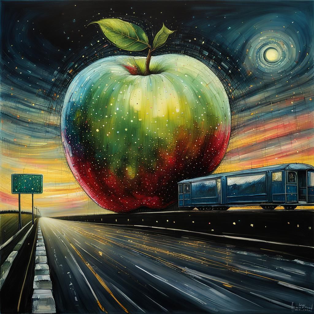 Surreal Giant Apple on Highway, Ethereal Fantasy Art