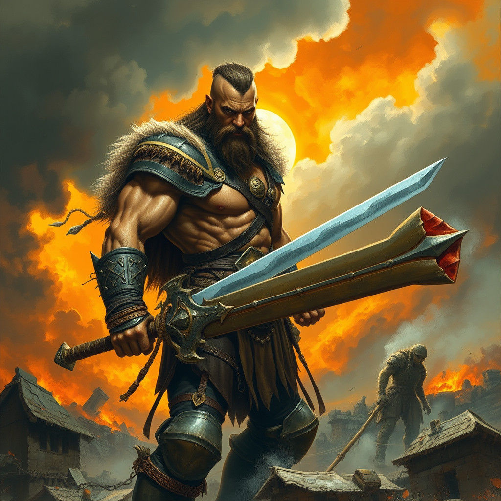 Heroic Warrior in War-Torn Landscape