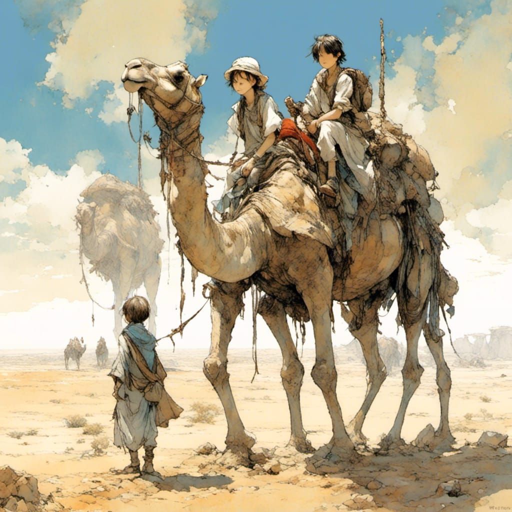 Desert Oasis: Children on Camel in Anime Style