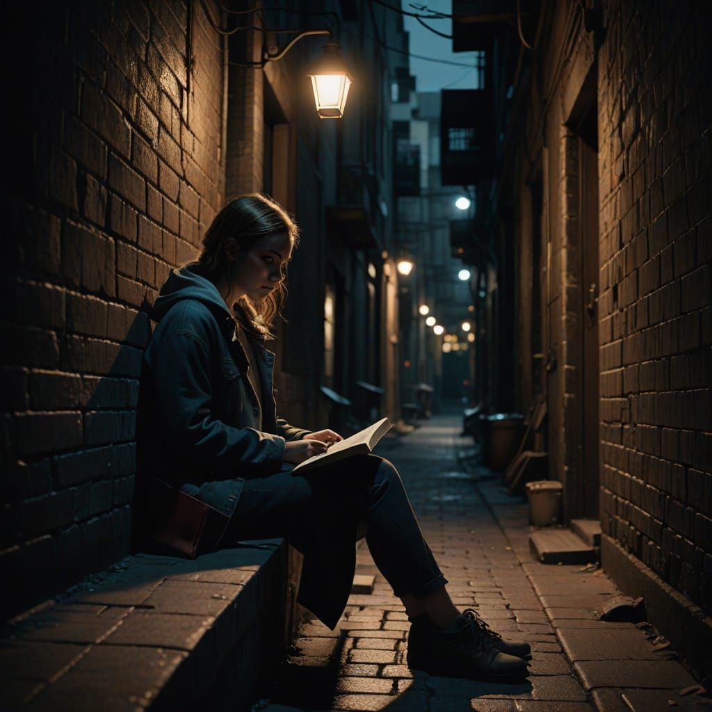 Girl Reading in Moody Alley at Night