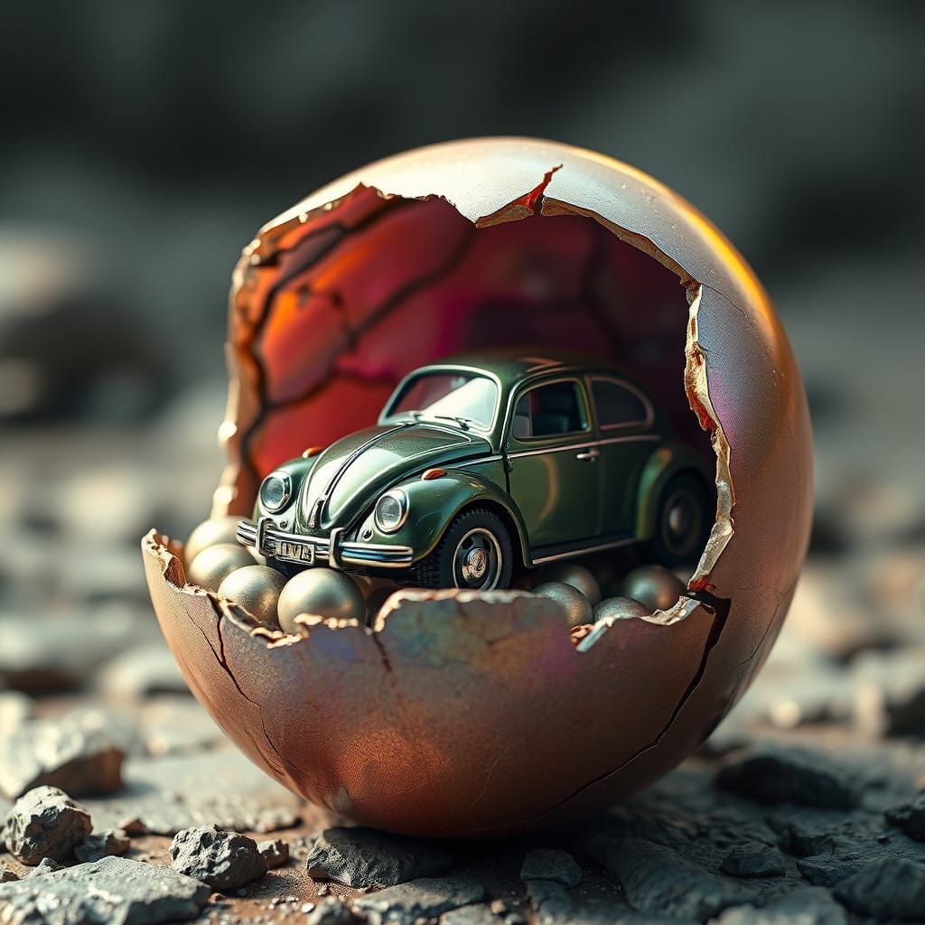 Miniature Beetle Emerges from Iridescent Eggshell in Dark Su...