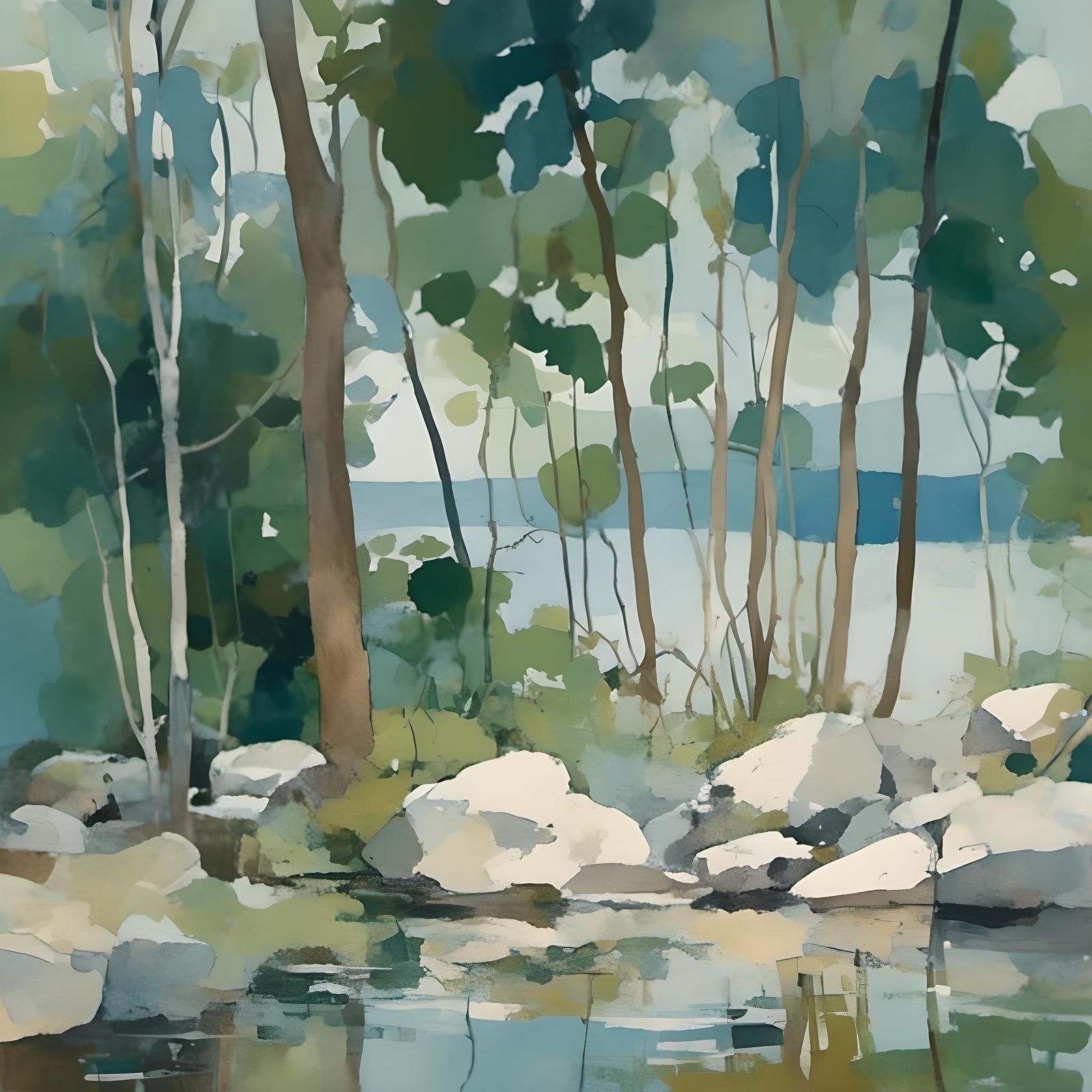 Watercolor Painting of Coastal Scene with Blues and Greens