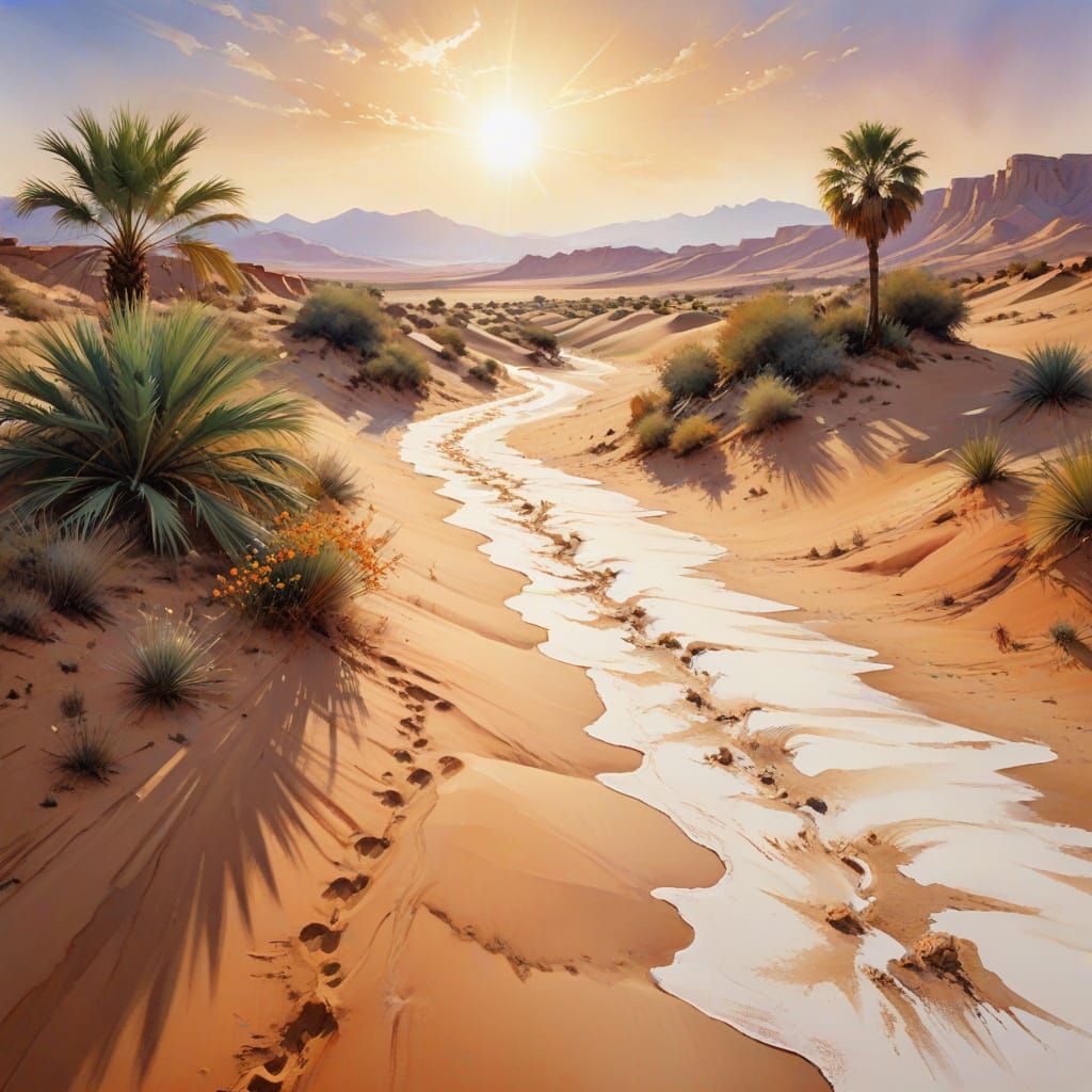 Saharan Oasis with Adobe Structures in Stylized Watercolor