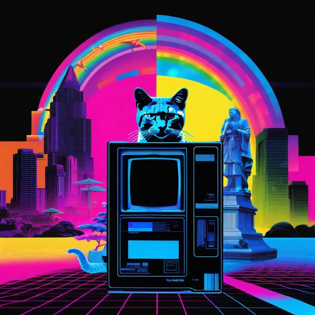 Vaporwave Collage of Retro Tech and Pop Culture