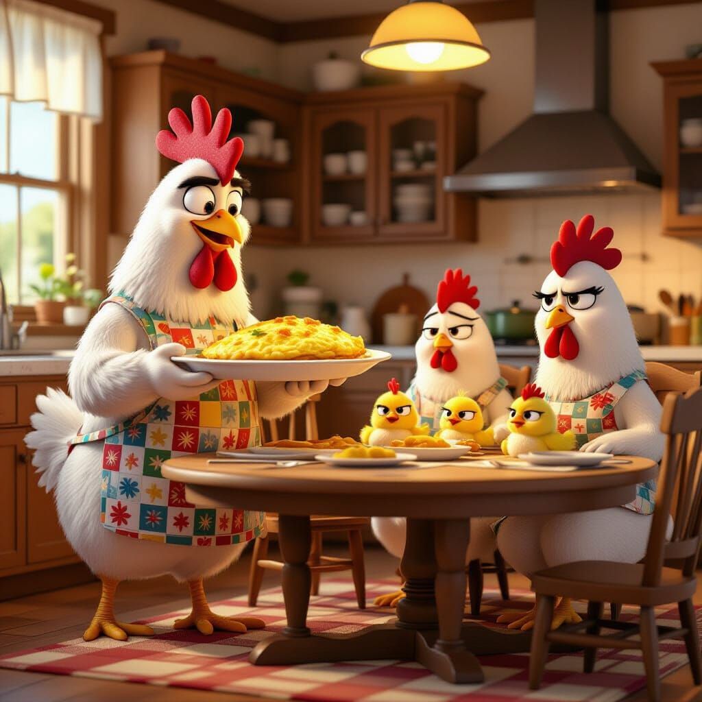 Chicken Family Dinner Disappointment: A Pixar-Style Scene