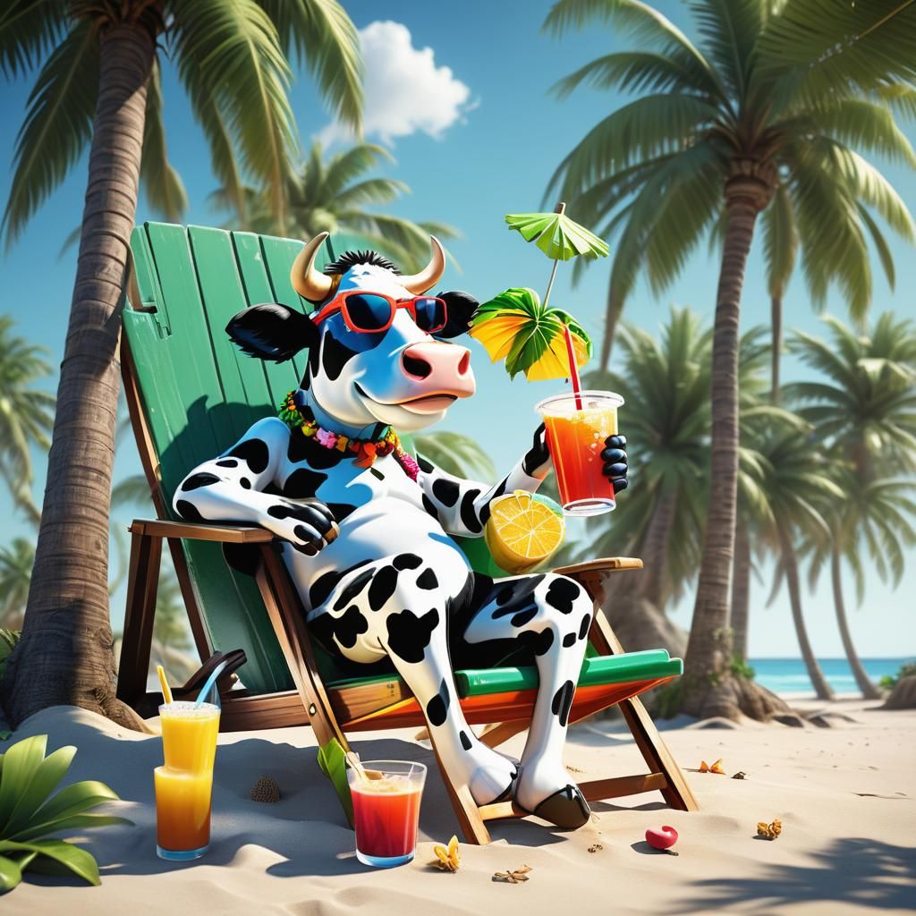 “A relaxed cow cartoon character lounging on a beach chair, ...