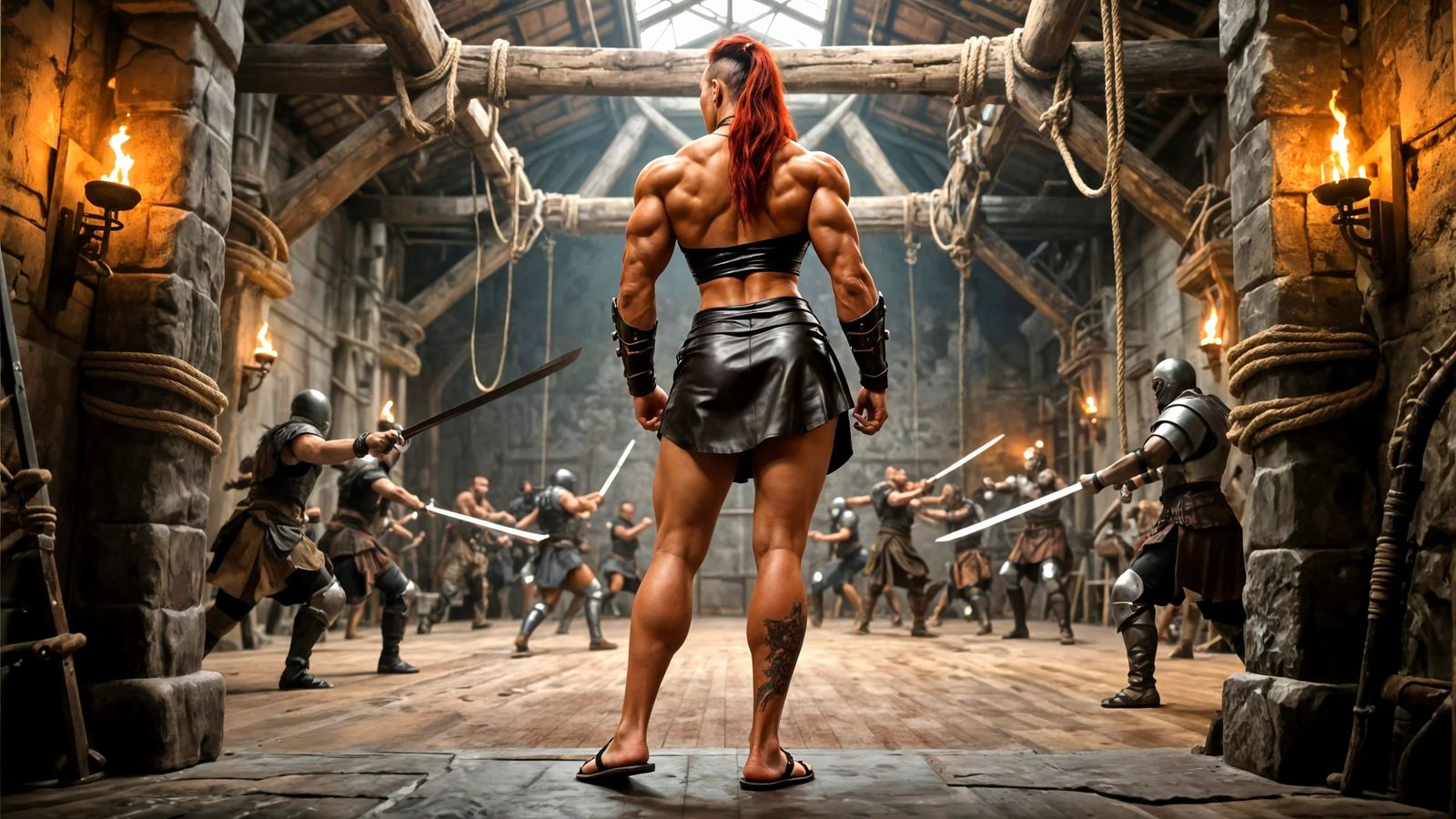 Muscular Amazon Warrior in Training Hall - Photorealistic