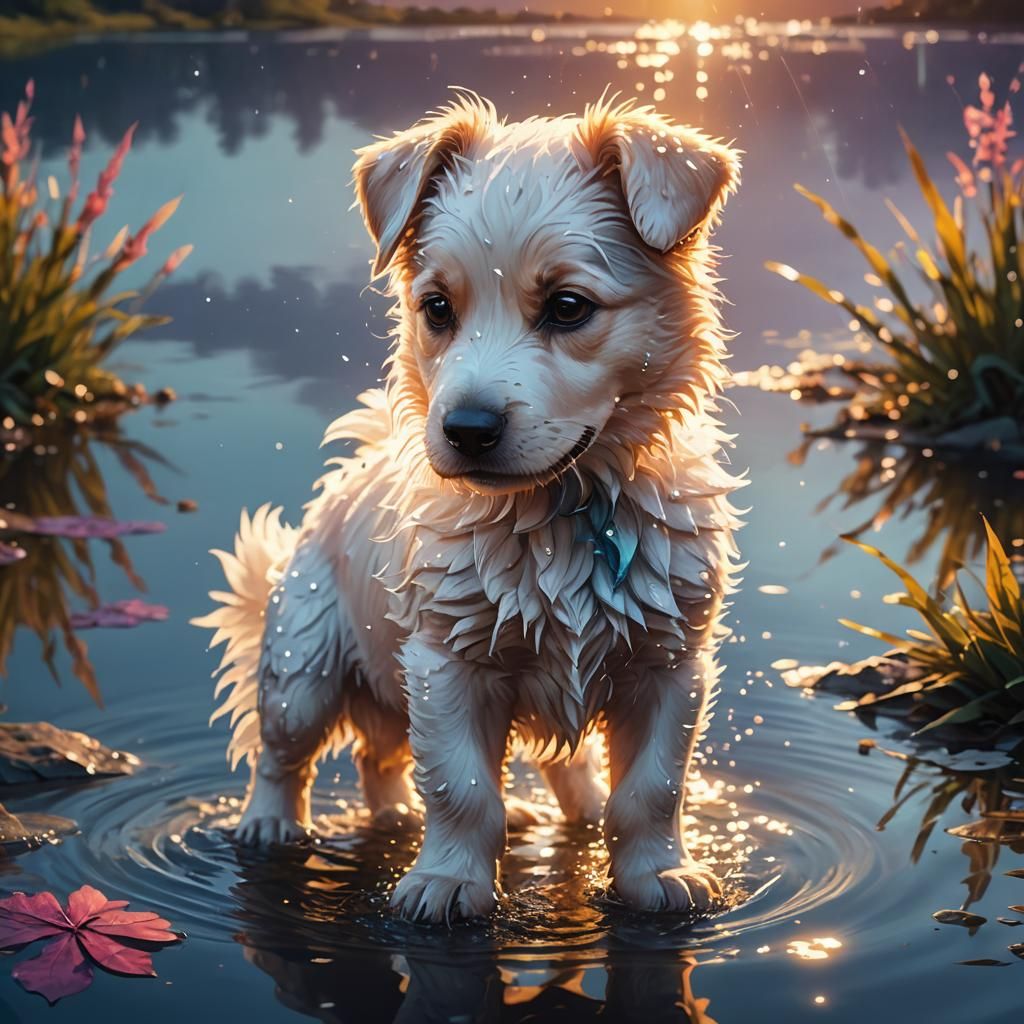 Puppy Plays in Lake: Vibrant Fantasy Concept Art