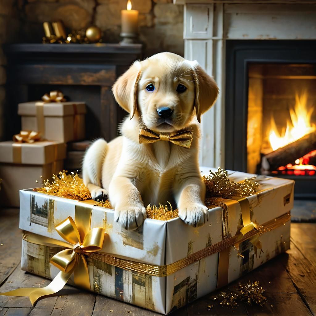 Golden Labrador Puppy in Gift Box Portrait