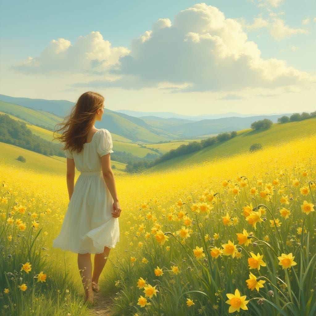 Ethereal Landscape with Golden Daffodils in a Dreamy Glow