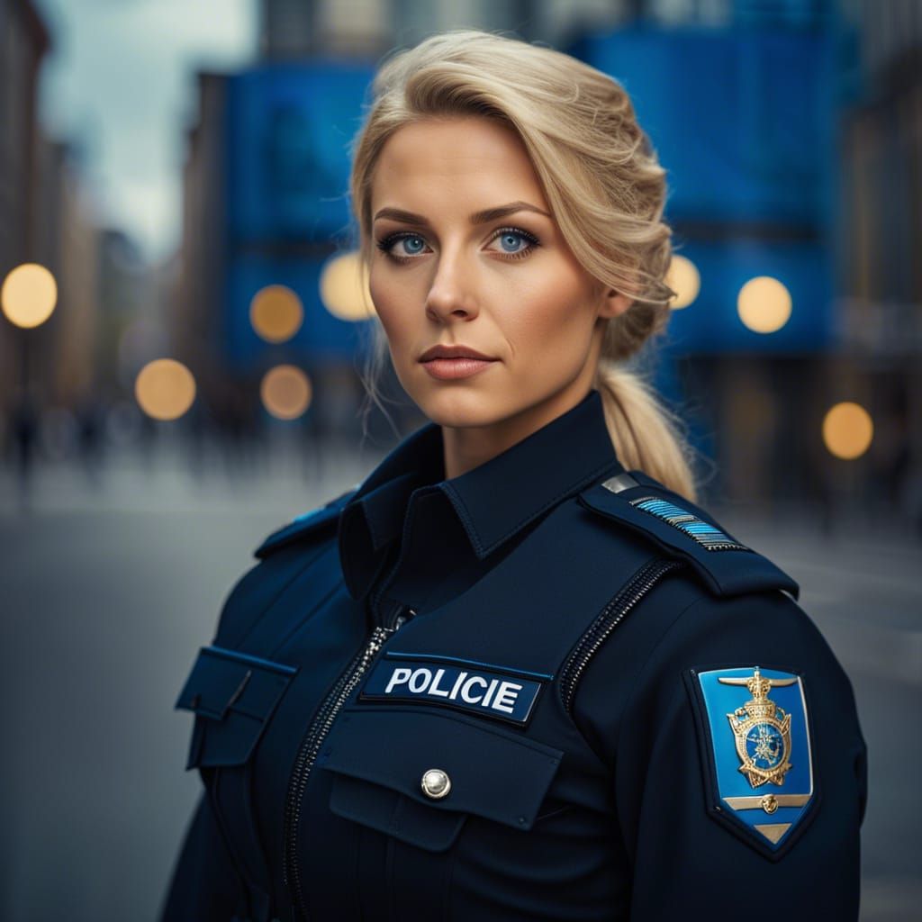 Beautiful Swedish Policewoman in Hyperrealistic City, 8K