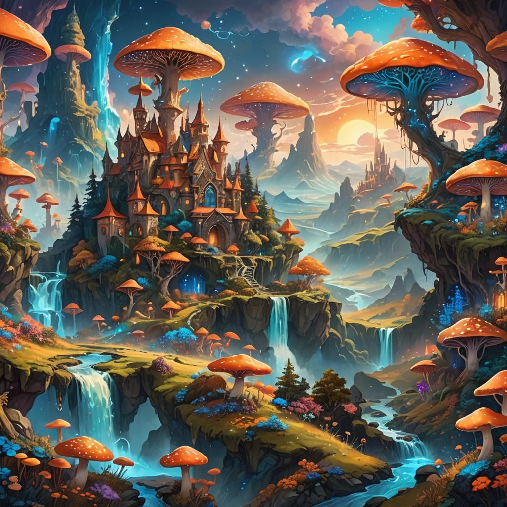 Mystical Landscape with Shimmering Waterfalls: Fantasy Conce...