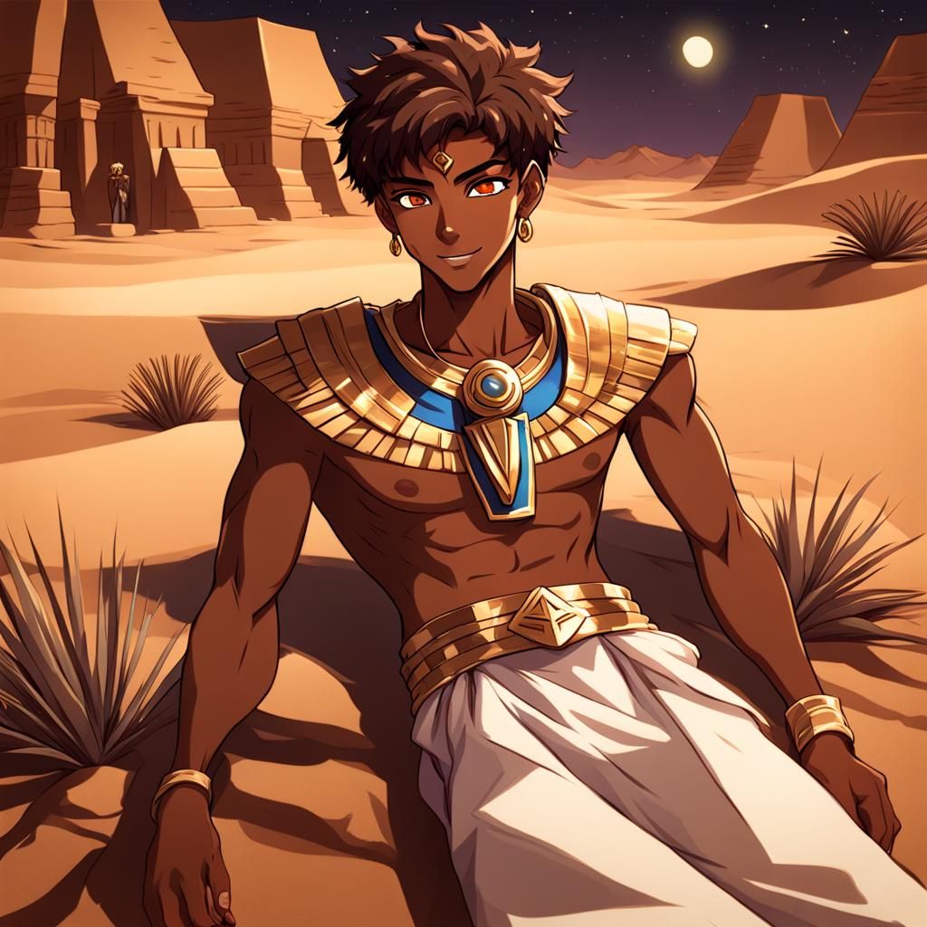 Anime Boy in Egyptian Costume in Desert Oasis
