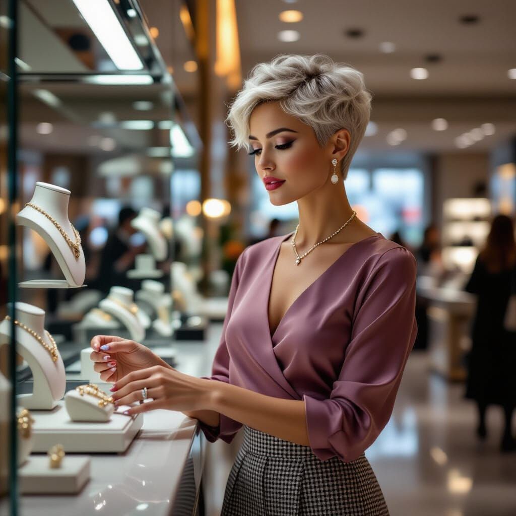 Woman Admires Jewellery at Selfridges, Cinematic Film Still