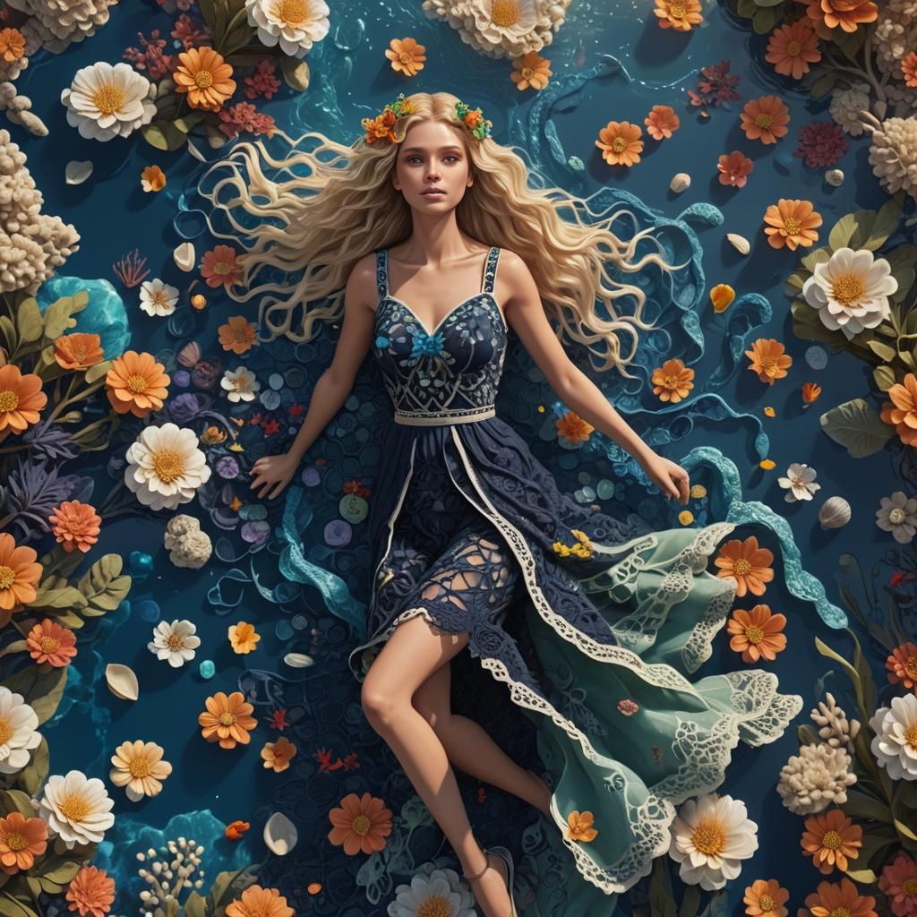 Woman in Crochet Dress Floating at Sea