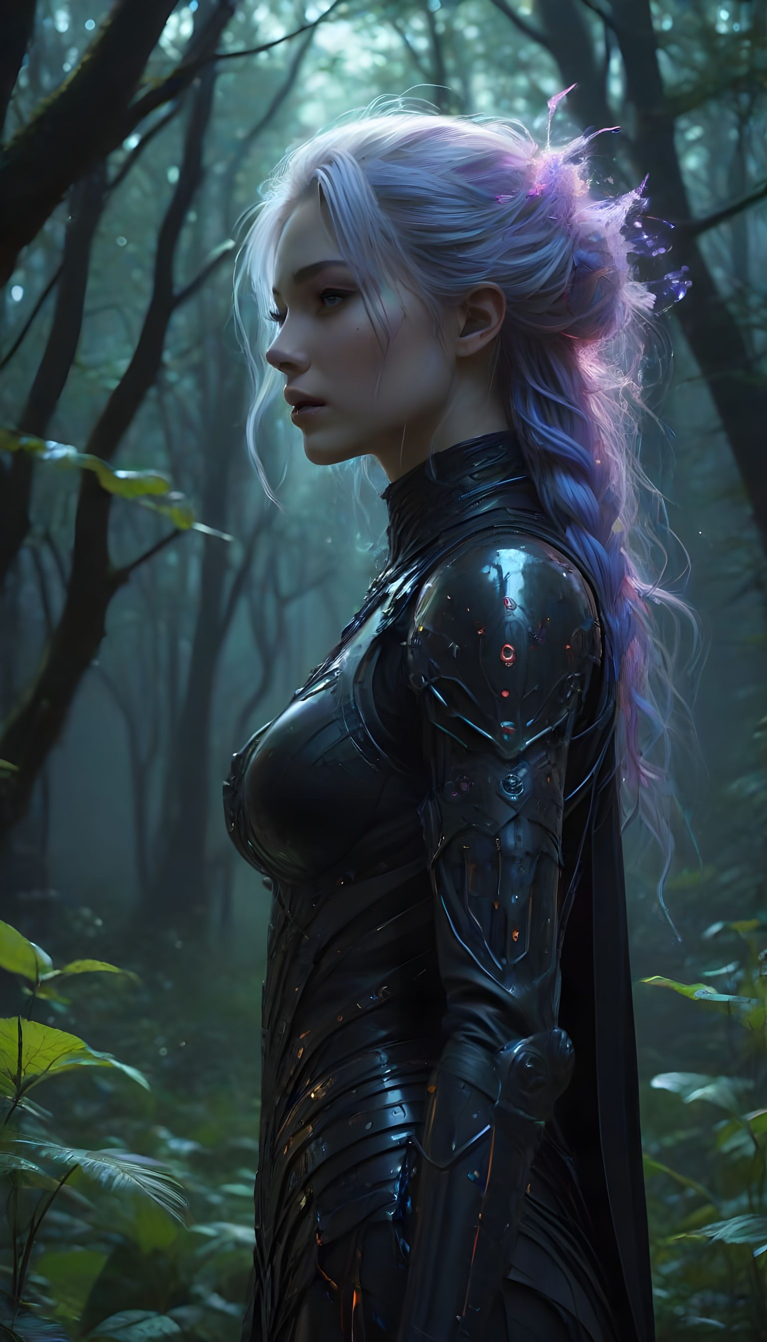 Cyberpunk Anime Sorceress Casting Spell in Bioluminescent Fo...