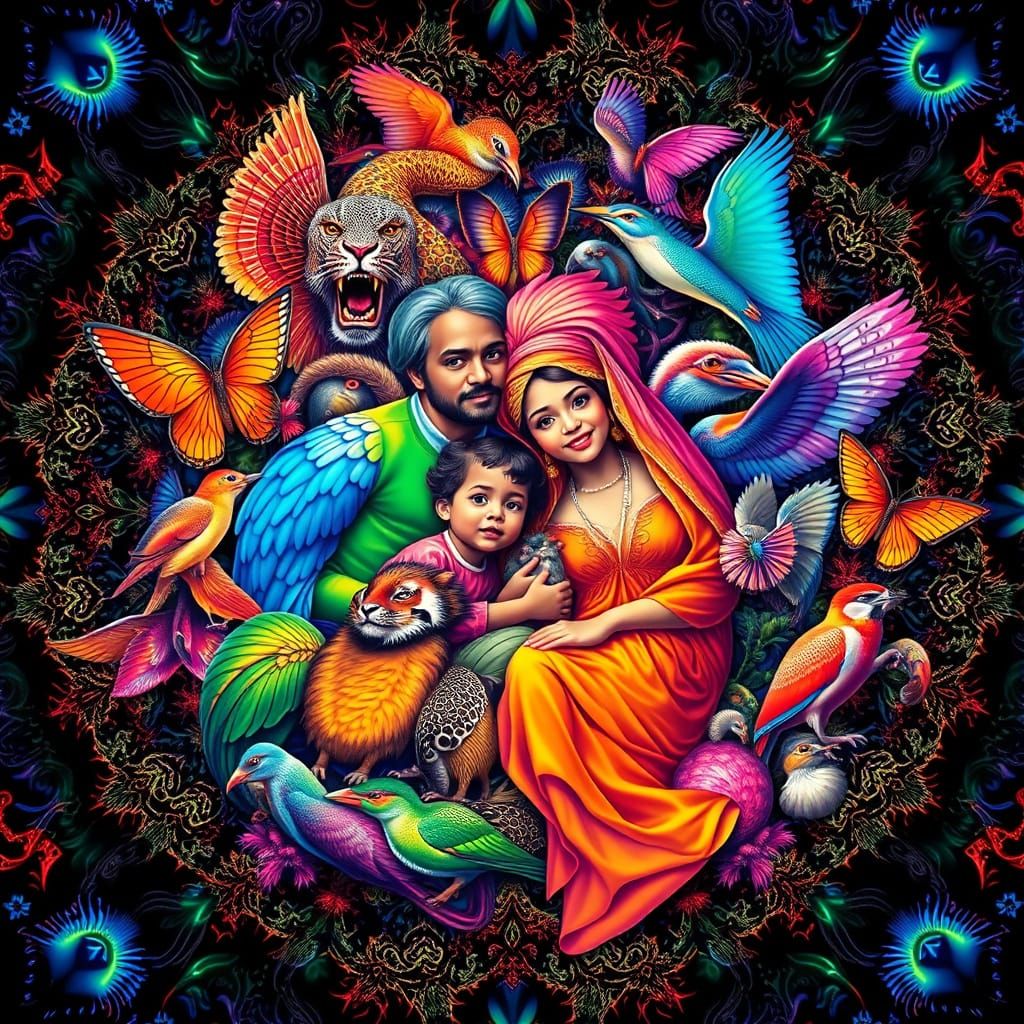 Psychedelic Family Surrounded by Exotic Animals