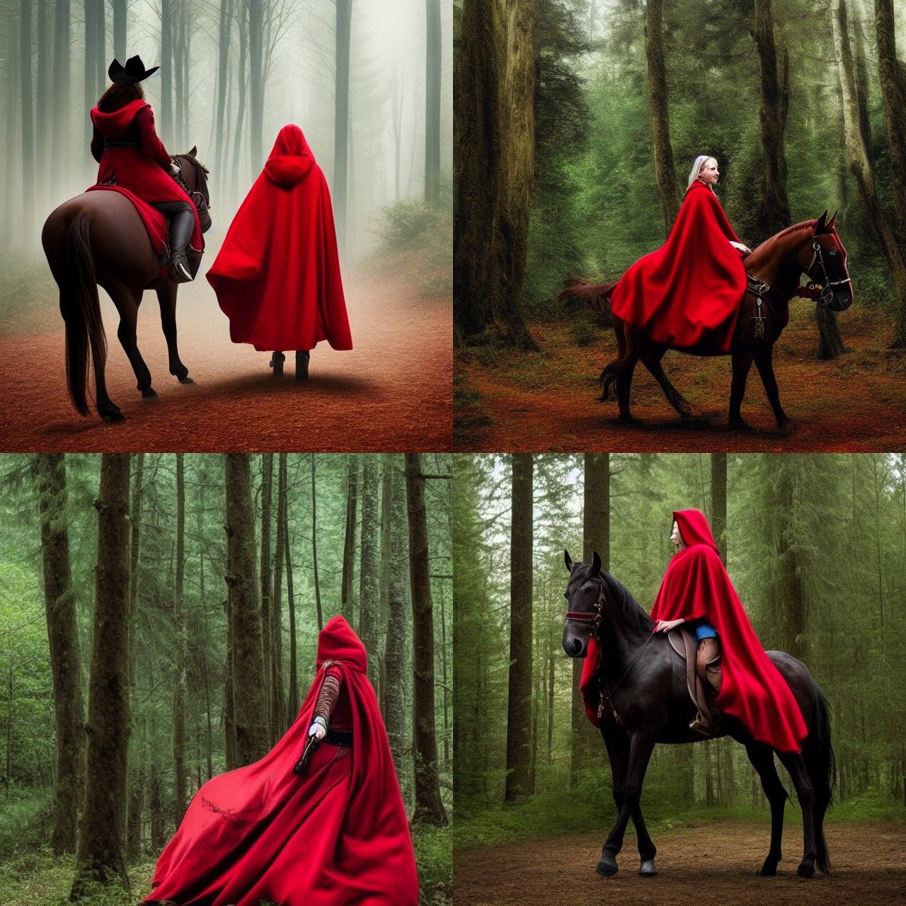 Woman in Red Cloak Riding Through Dark Forest