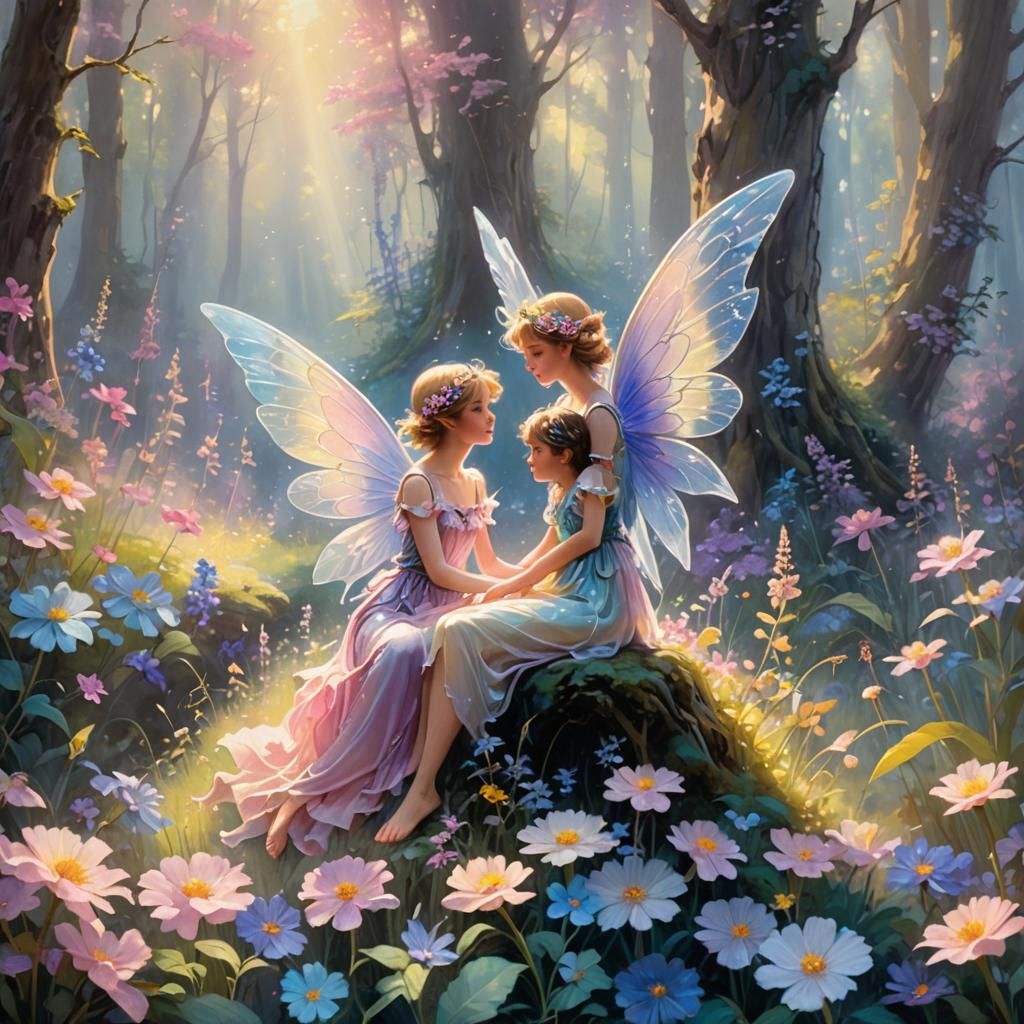Fairies in Sunlit Meadow with Pastel Wings