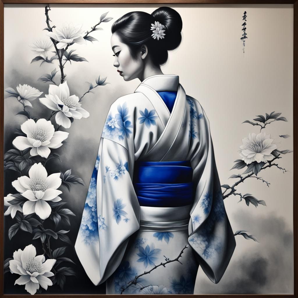 Woman in Kimono: Airbrush Painting Inspired by Tosa Mitsunob...