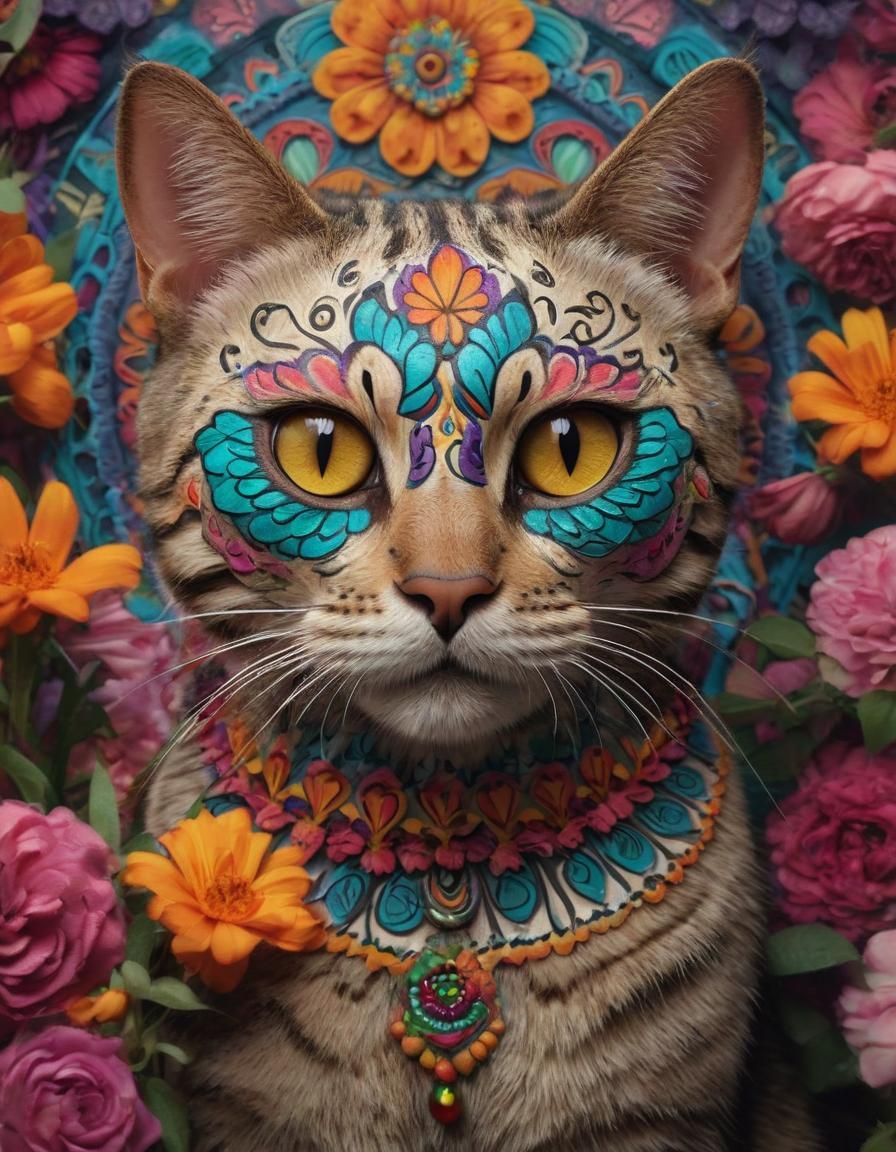 Medium shot of a tabby cat wearing colorful Día de los Muert...