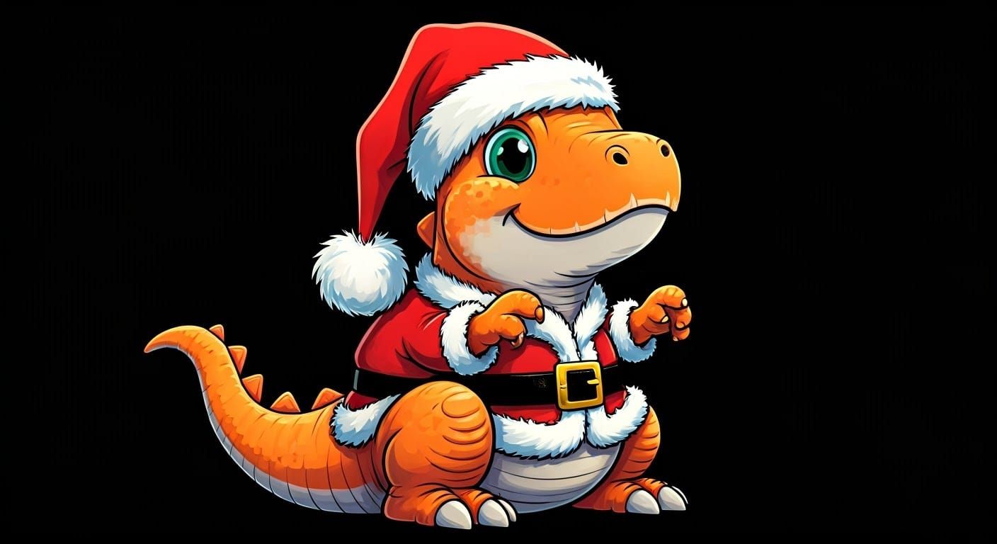 Happy Orange T-Rex Santa Cartoon Poster
