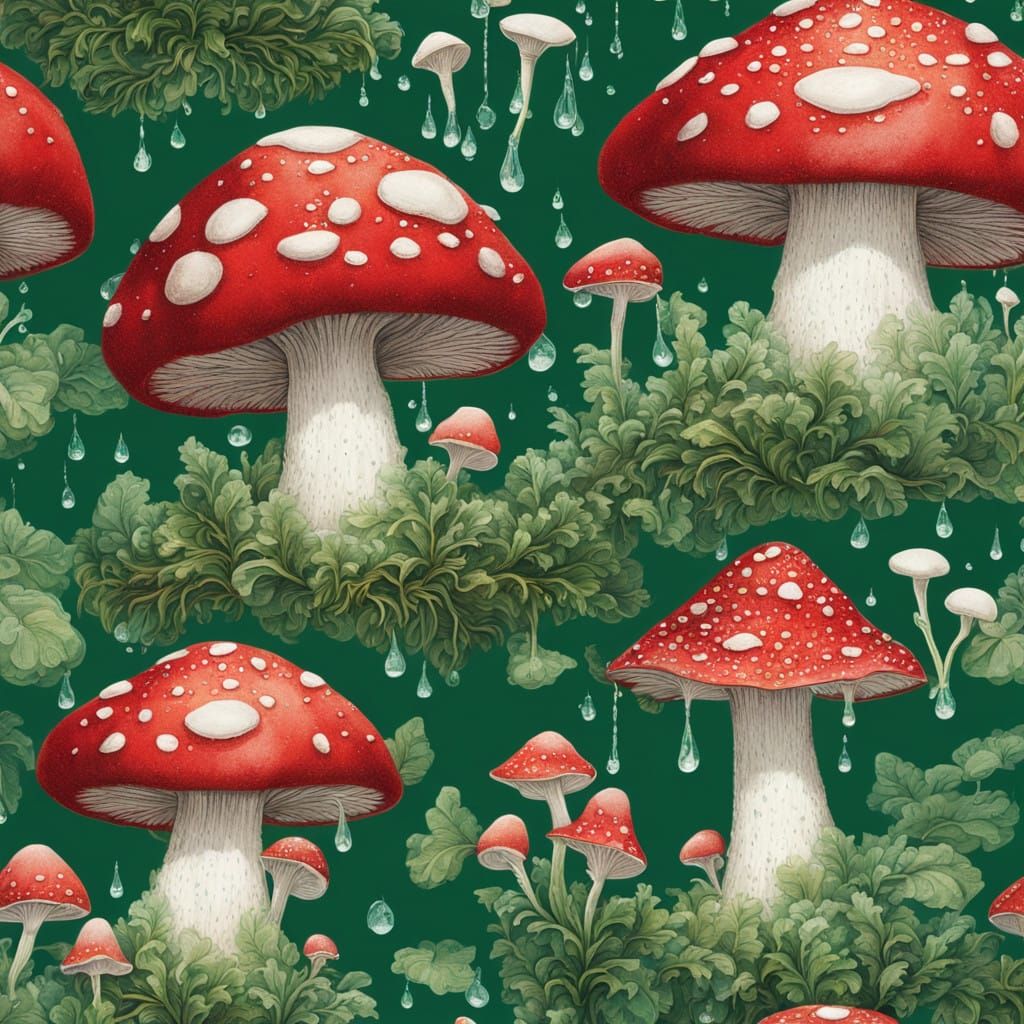 Whimsical Mushroom Forest in Vibrant Crimson and Emerald