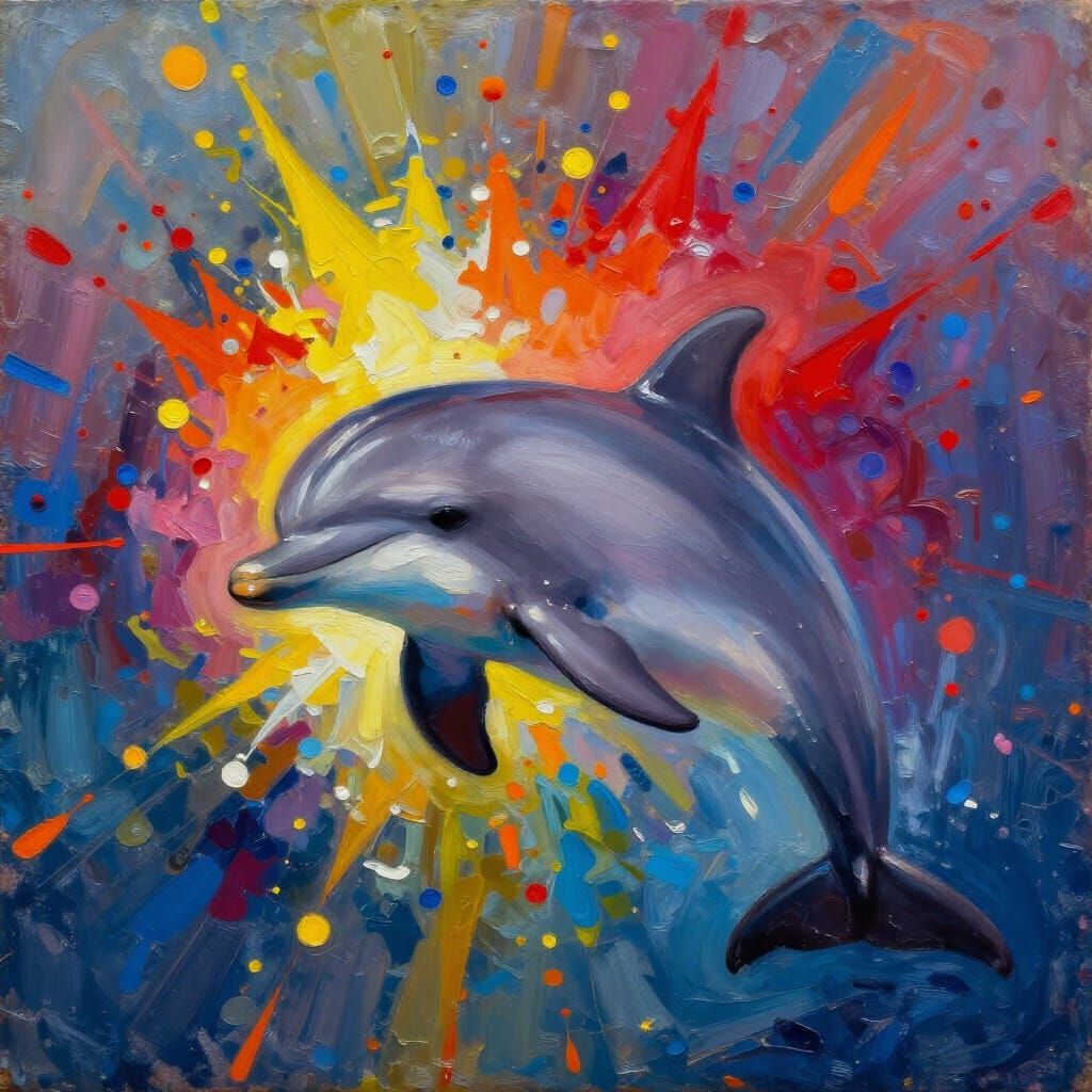 Dolphin Swimming Amidst Abstract Paint Explosions in Oil Sty...