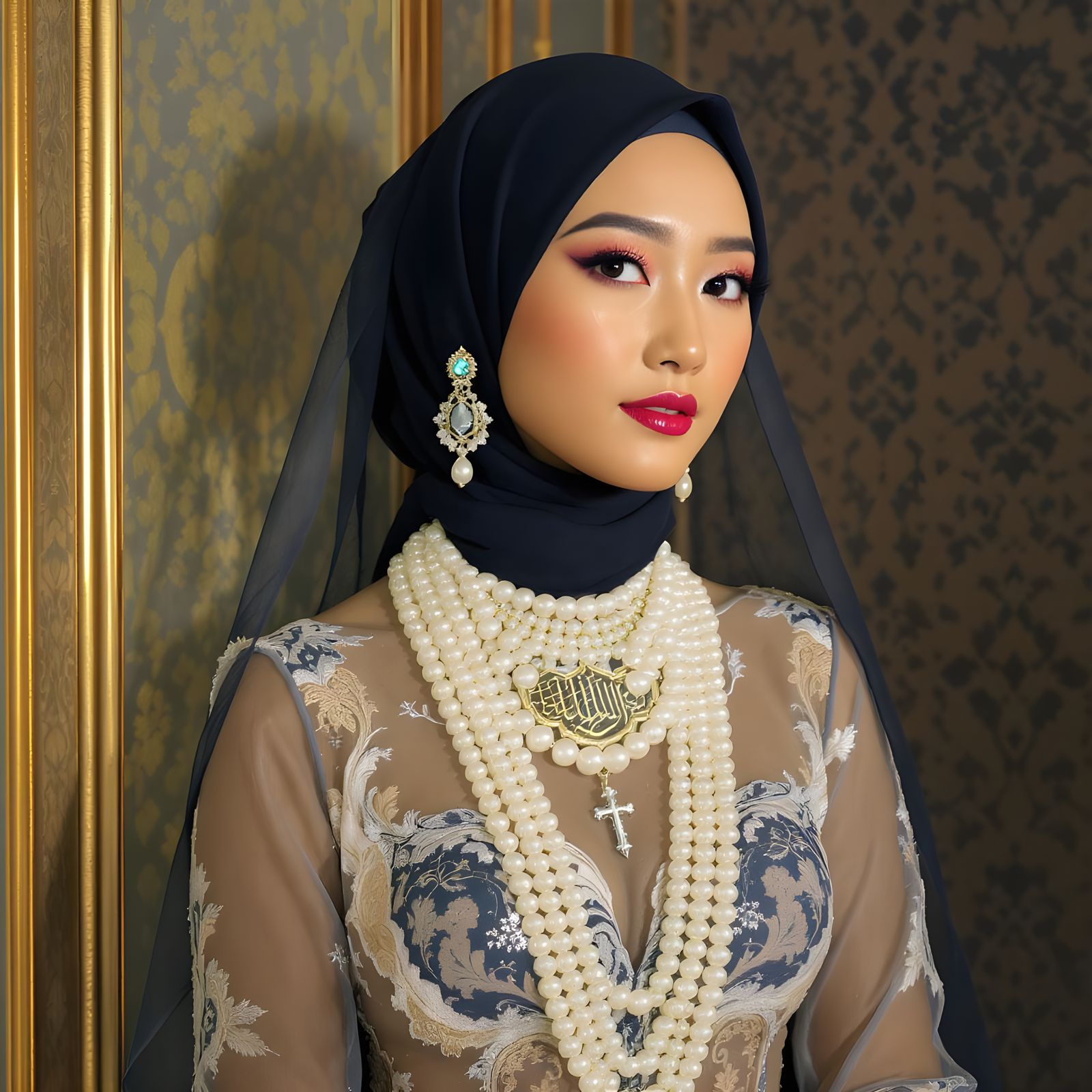 Elegant Hijab with Pearl Body Chain in Art Nouveau Style