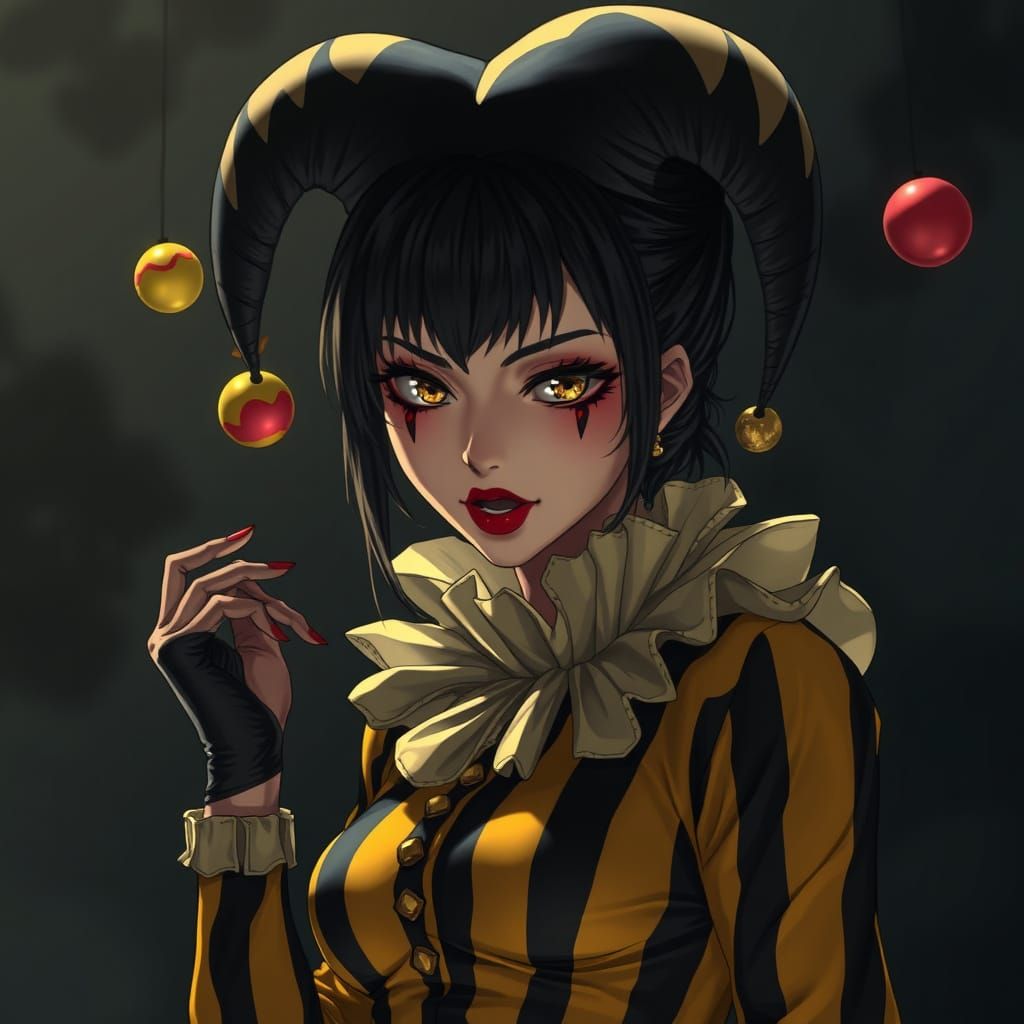 Anime Jester Woman in Black and Yellow Stripes