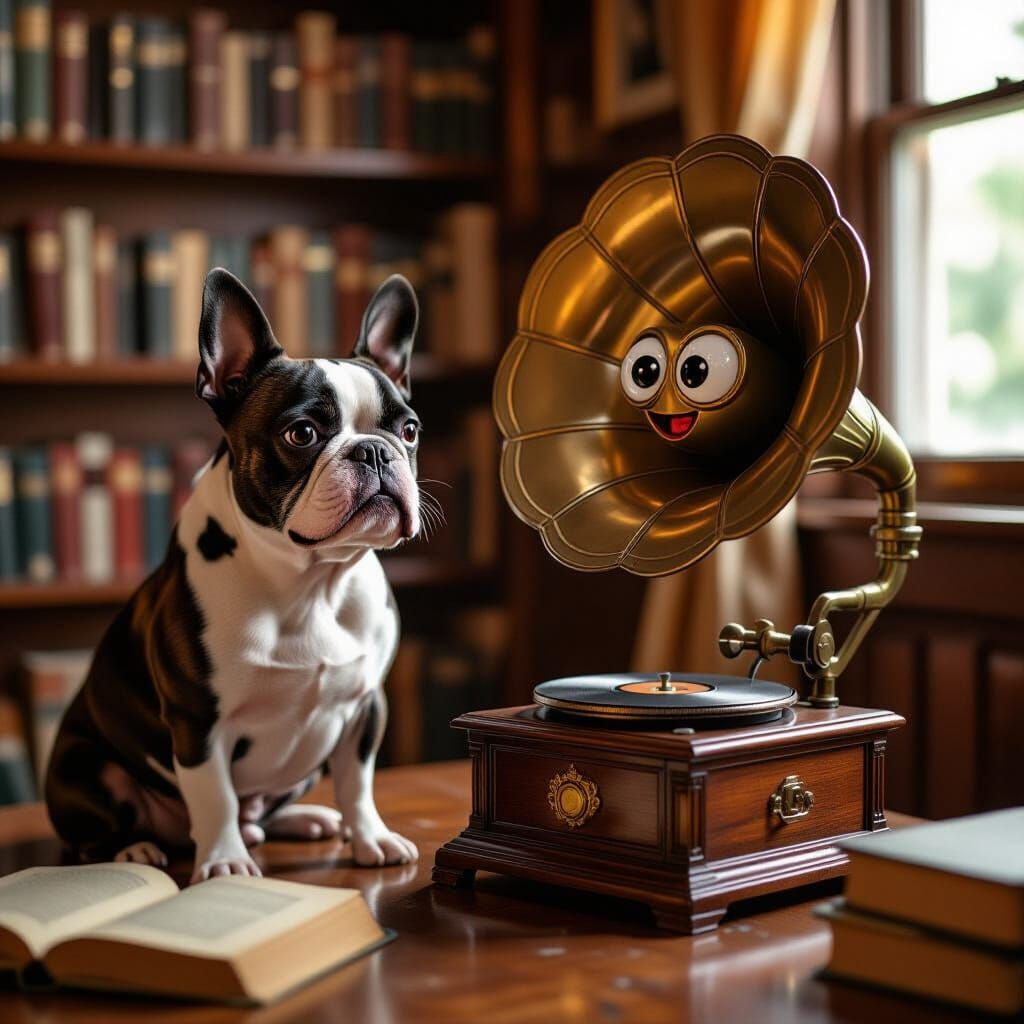 Boston Terrier Beside Vintage Gramophone in Sunlit Study
