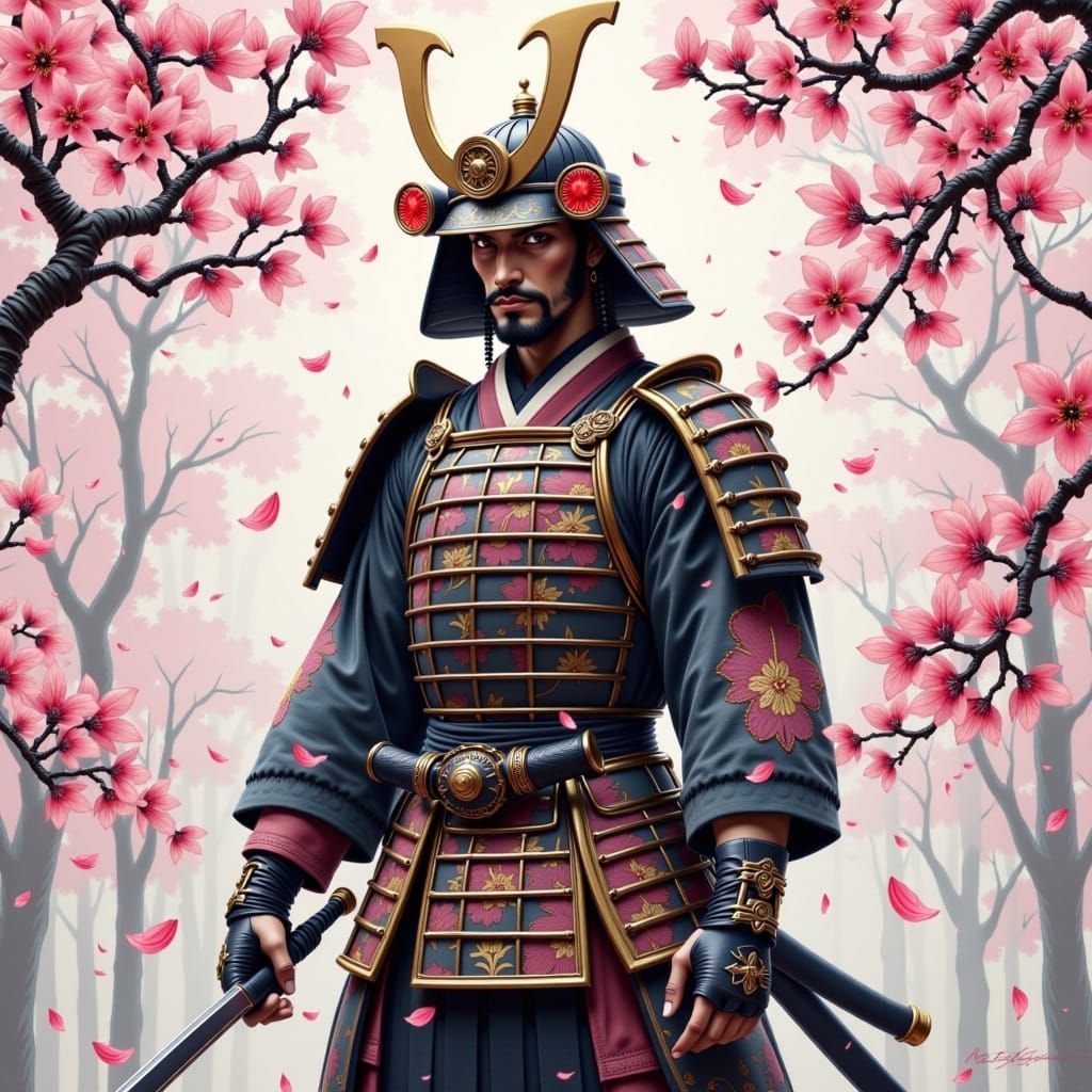 Samurai in Cherry Blossoms: Japanese Ukiyo-e Style