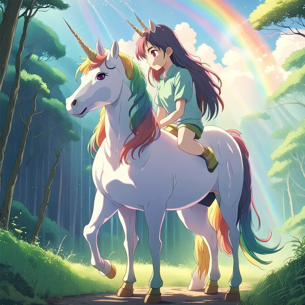 Rainbow Anime Unicorn in Studio Ghibli Style
