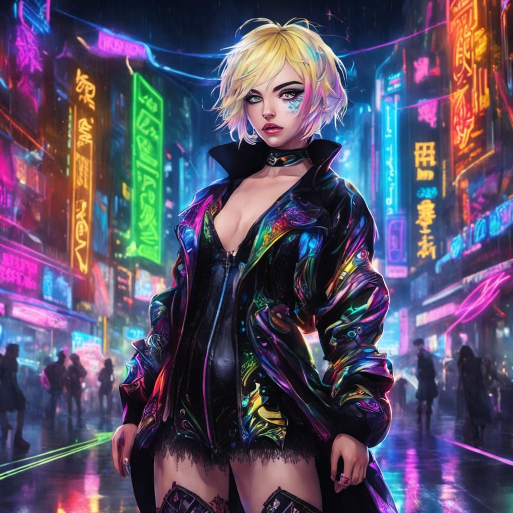 Anime Raver Goth Woman in Neon City