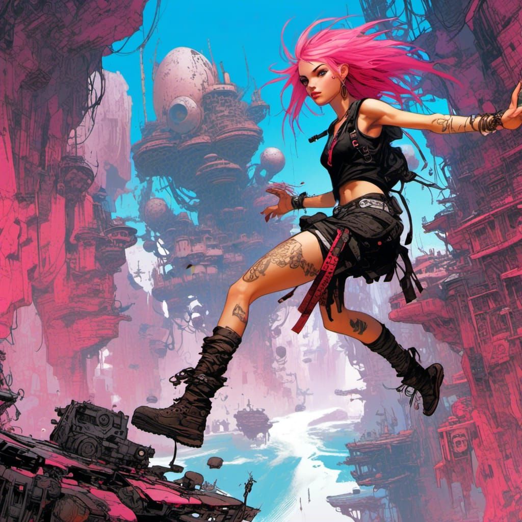 Punk Girl Leaps Over Cyberpunk Island: Concept Art