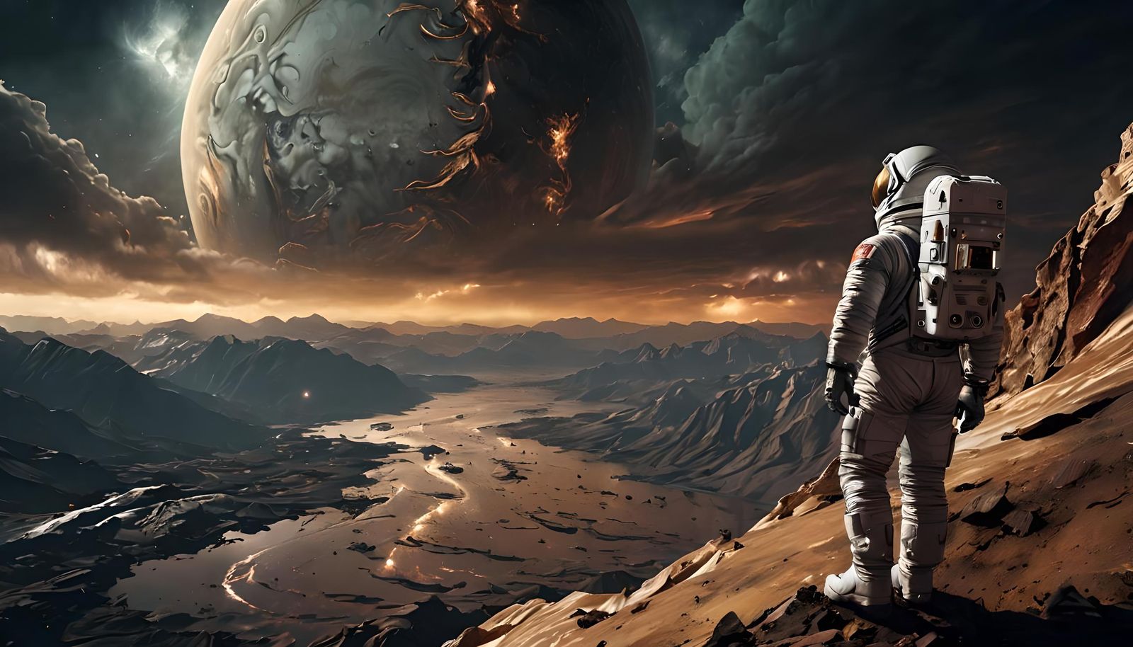 Astronaut Overlooks Venusian Storm, Galaxy in Sky