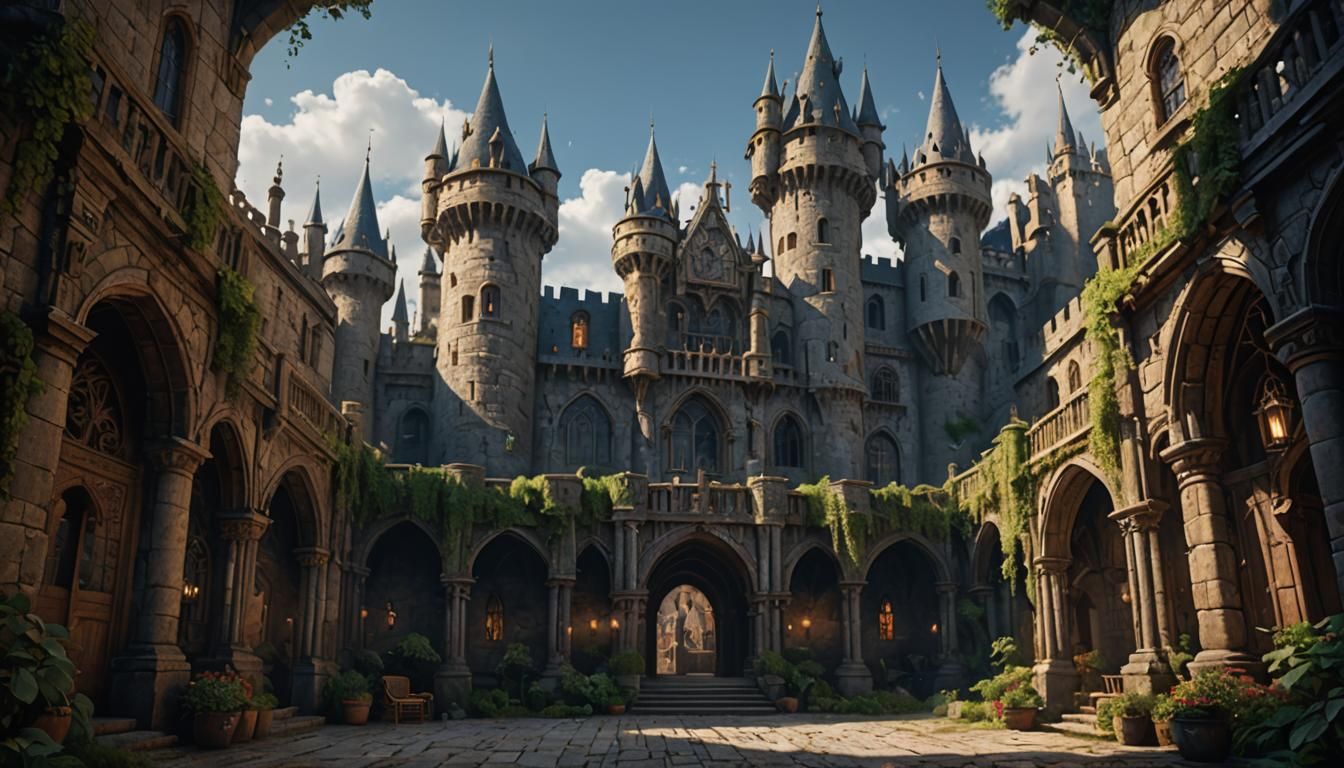 Fantastical Castle Courtyard Matte Painting