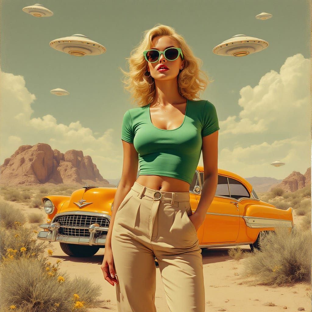 Solarpunk Pin-Up Woman Poses With Vintage Car and Flying Sau...