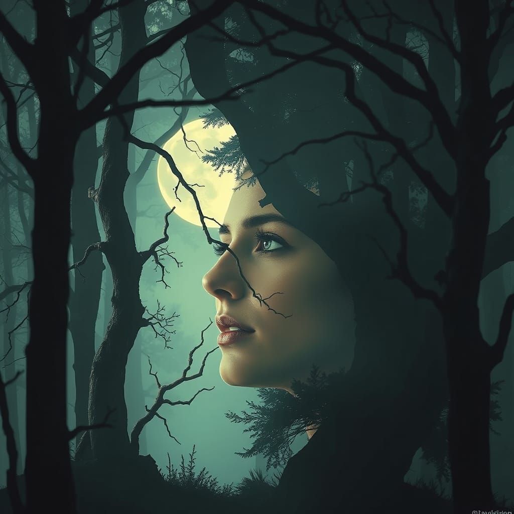 Enigmatic Woman Emerges from Moonlit Forest in Surrealist St...