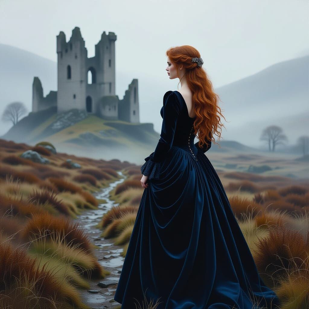 Misty Moor: Woman Gazing at Ruined Castle
