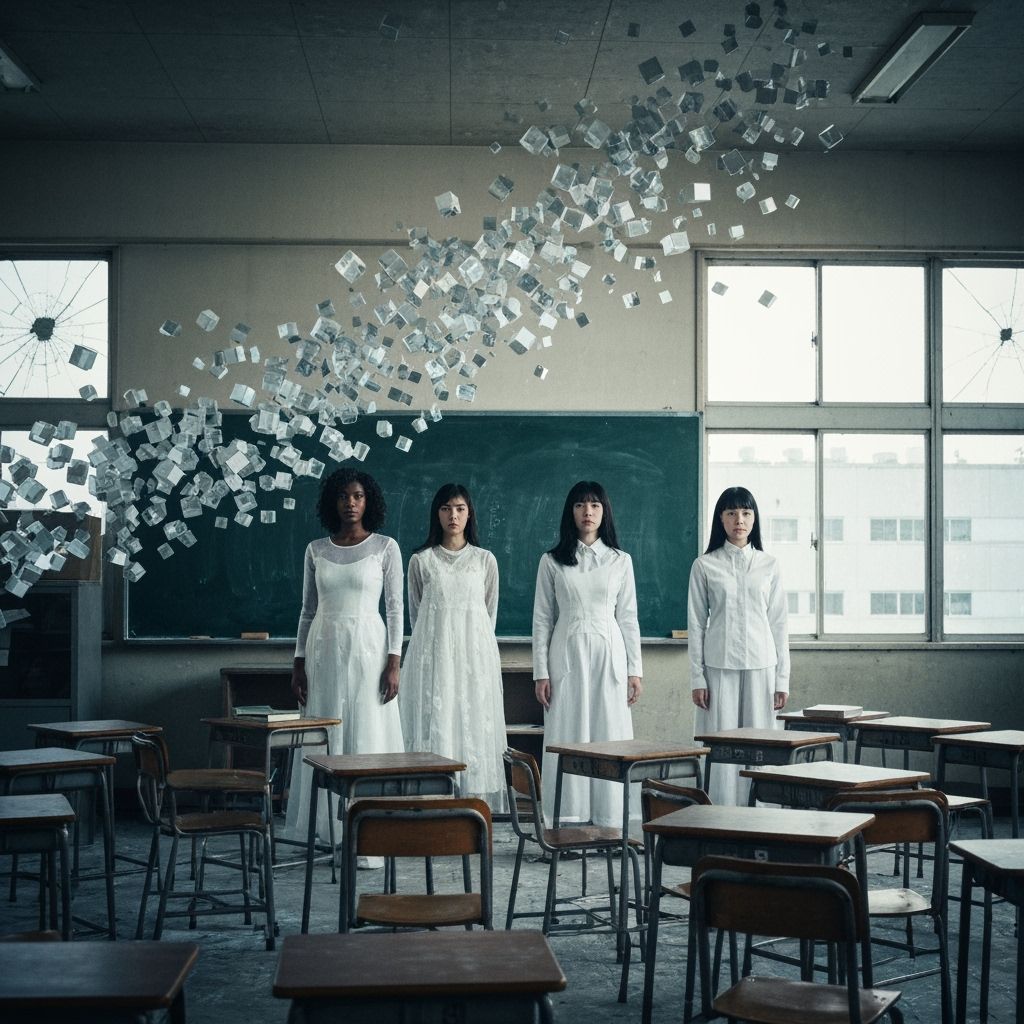Dystopian Streetwear Figures in Dissolving Classroom