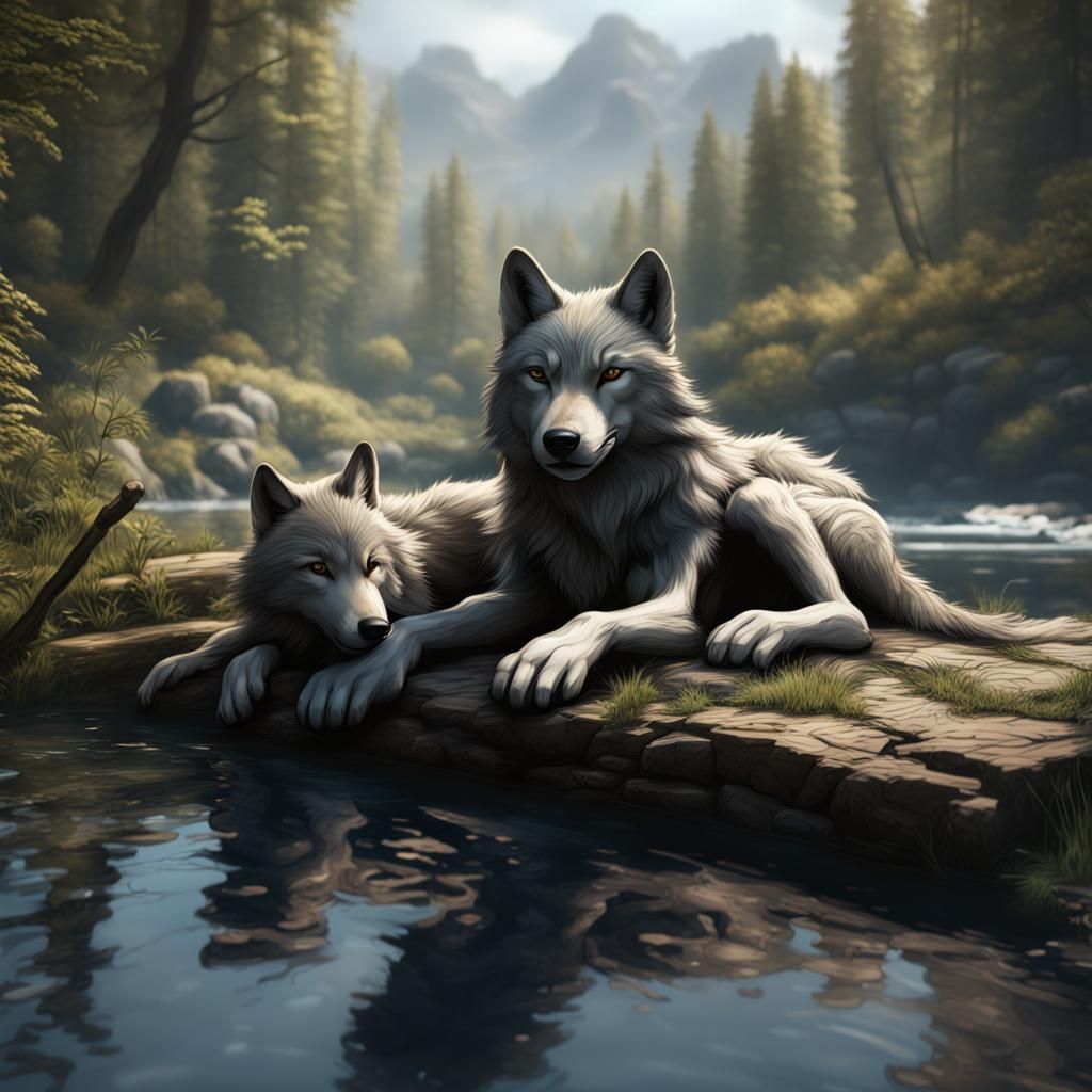 Wolf and Cub Resting by River: Fantasy Concept Art