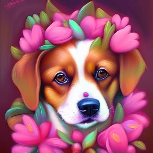 Cute Dog with Flowers in Speedpainting Style
