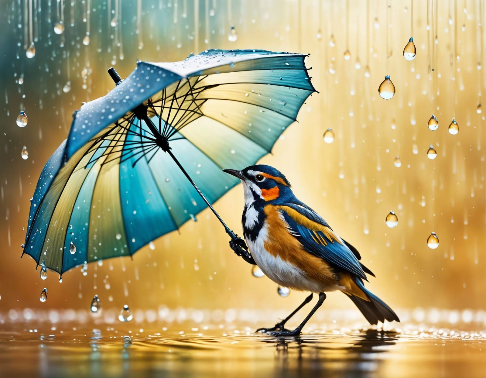 Bird Basks Under Radiant Umbrella in Hyperrealist Art
