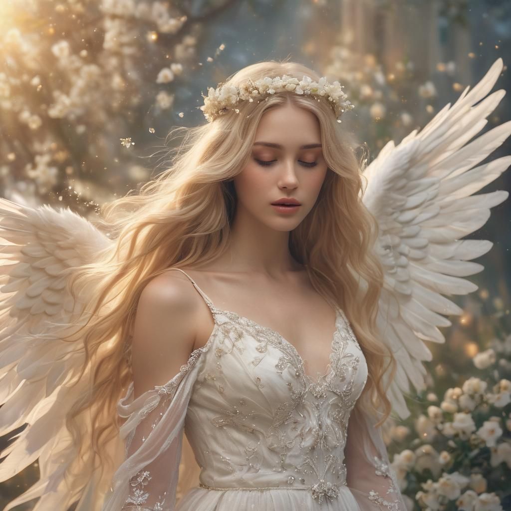 Ethereal Angel in Clouds with Golden Light